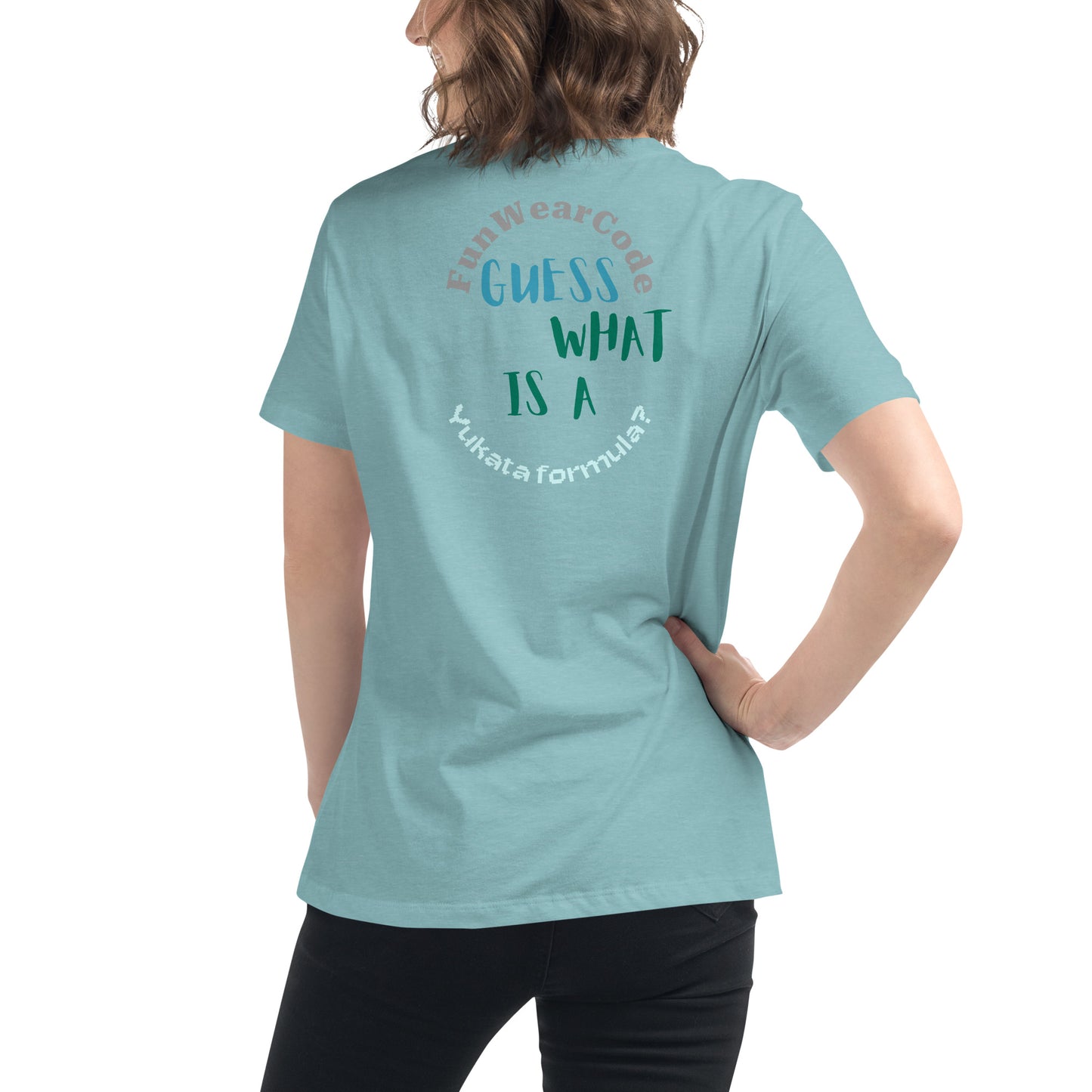 Person wearing a light blue t-shirt with a 'Fun Wear Code' text logo and fun quote on the back, standing against a white background
