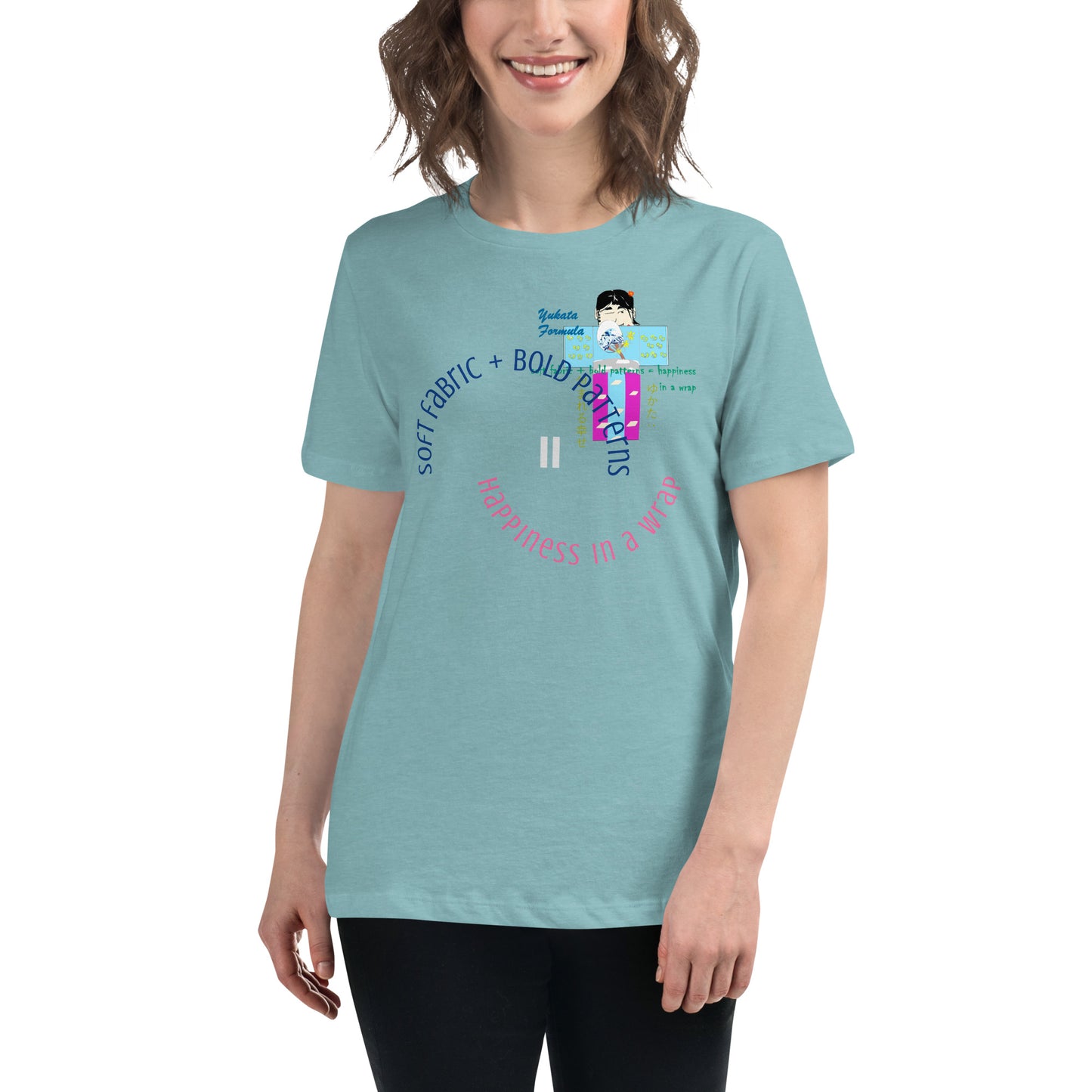 Person wearing a light blue t-shirt with  text and a playful character of yukata graphic design on a white background
