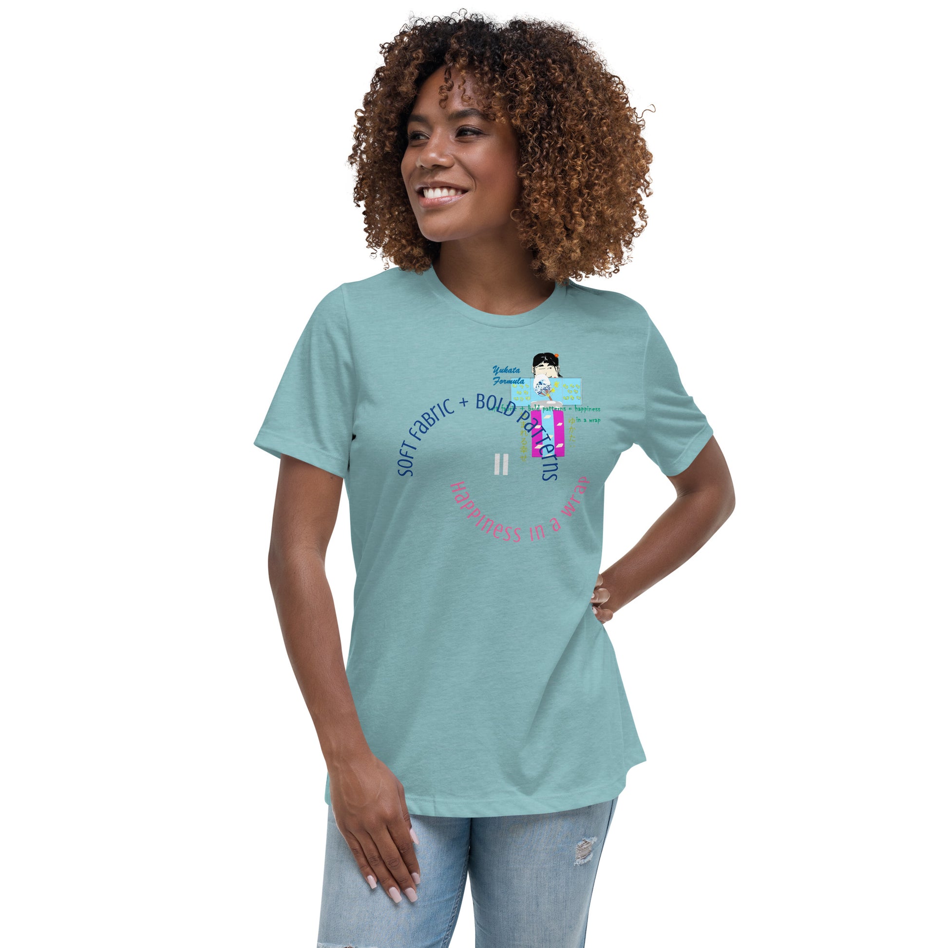Woman wearing a light blue t-shirt with text and a playful character of yukata graphic design on a white background