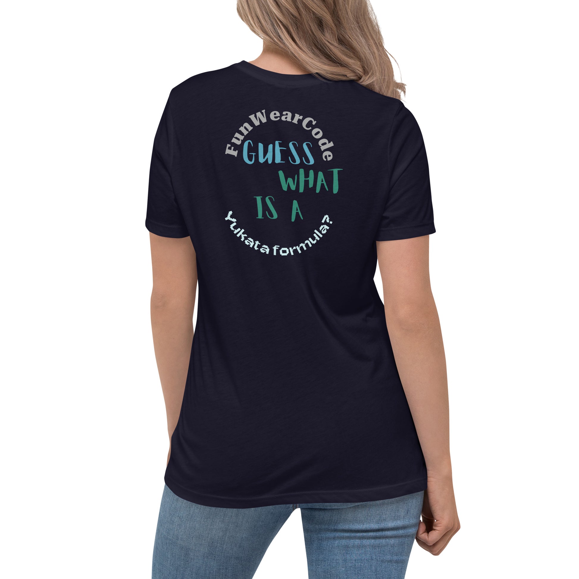 Person wearing a black t-shirt with a 'Fun Wear Code' text logo and fun quote on the back, standing against a white background