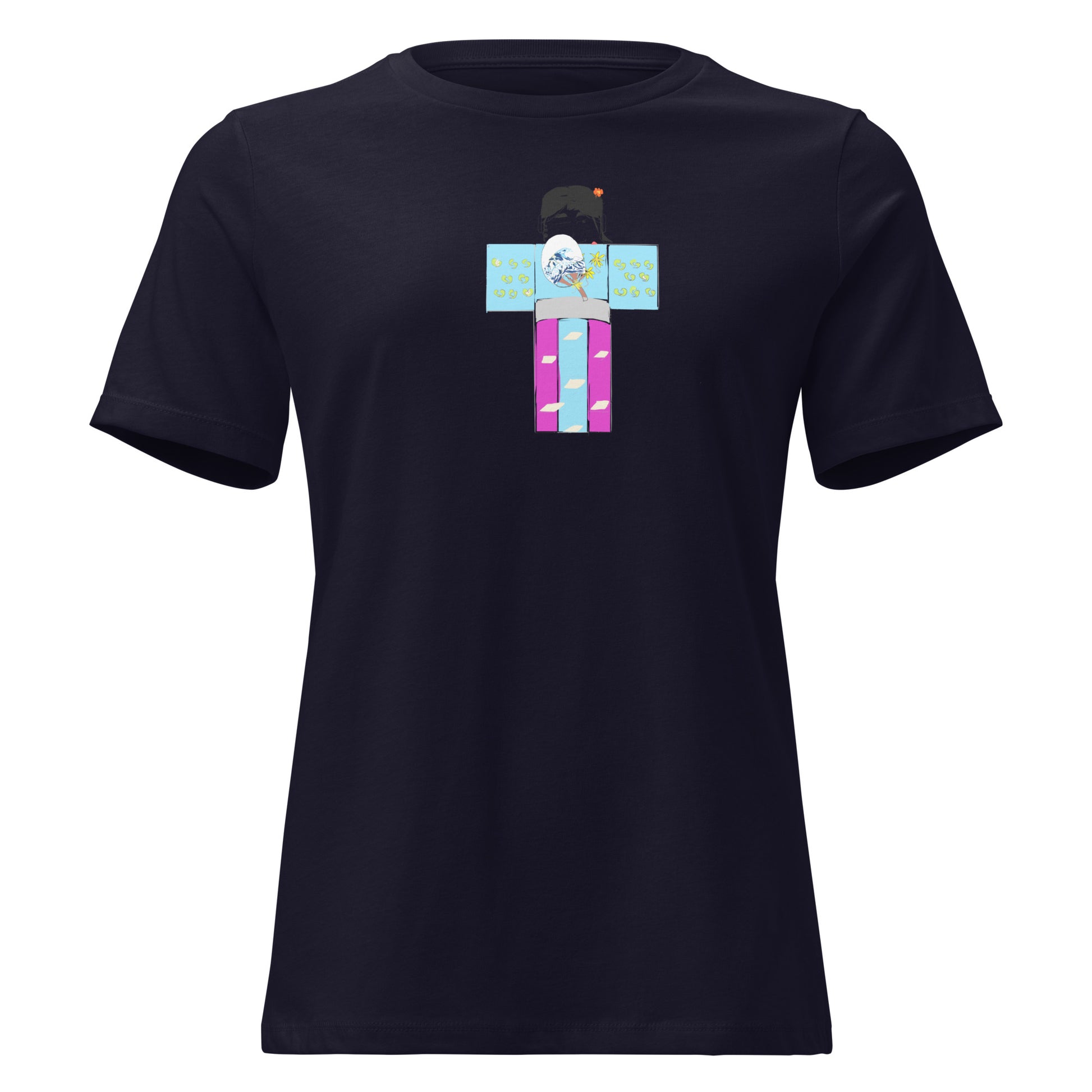 Black t-shirt with a colorful yukata girl graphic design on a white background