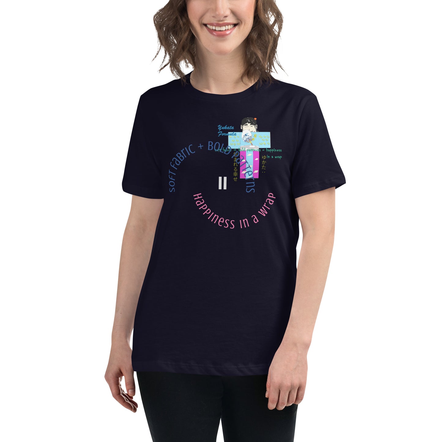 Person wearing a navy blue t-shirt with colorful text and a playful character of yukata graphic design on a white background