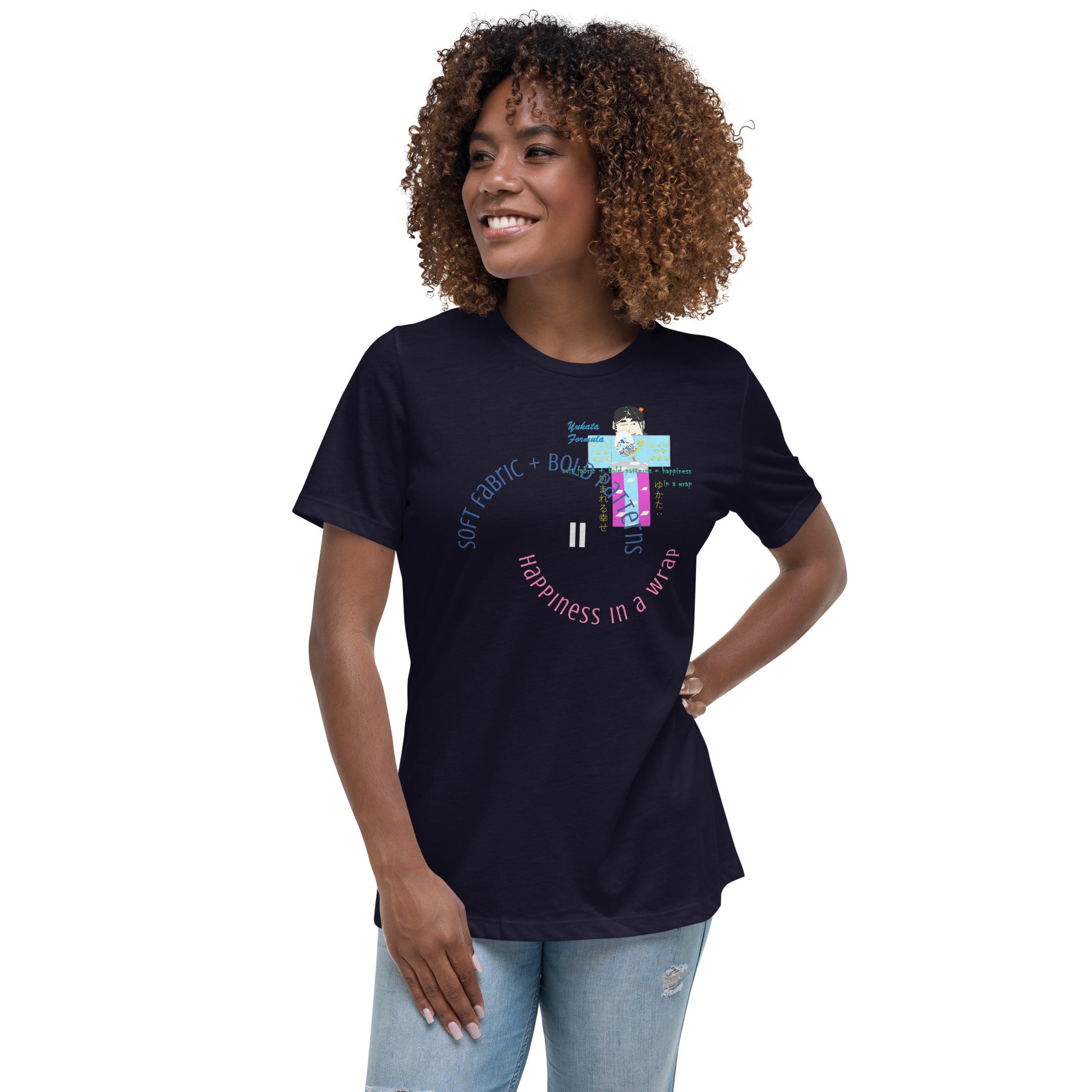 Woman wearing a black t-shirt with  text and a playful character of yukata graphic design on a white background