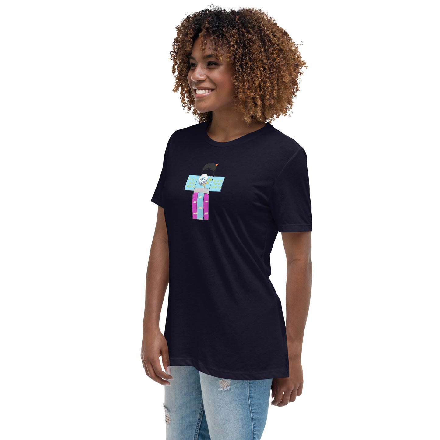 Front left side view of a woman model wearing a black t-shirt with a yukata girl graphic design on a white background