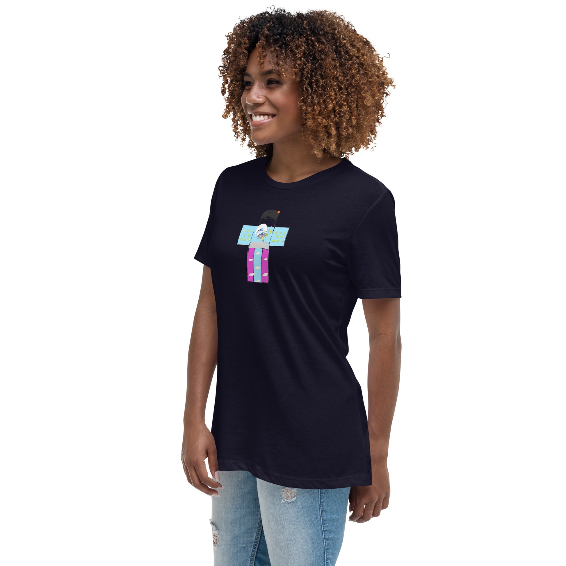 Front left side view of a woman model wearing a black t-shirt with a yukata girl graphic design on a white background