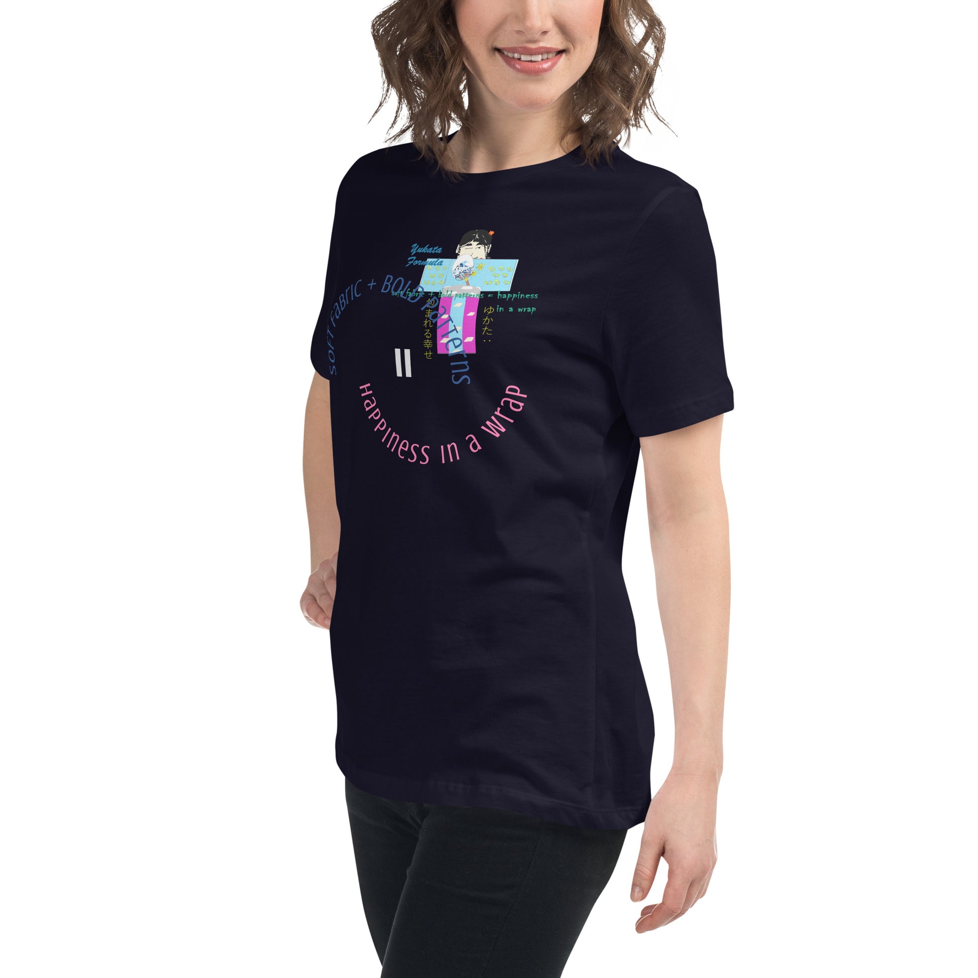 Person wearing a black t-shirt with colorful text and a playful character of yukata graphic design on a white background
