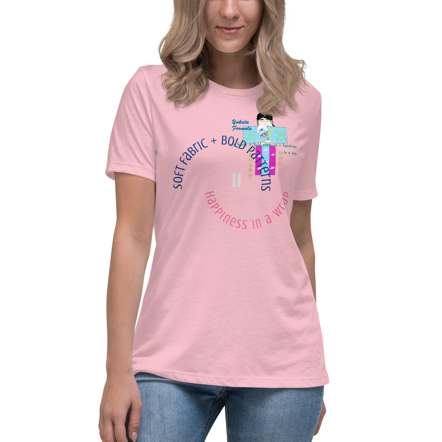 Person wearing a pink t-shirt with colorful text and a playful character of yukata graphic design on a white background