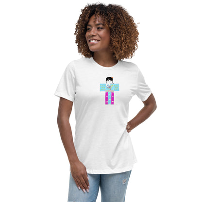 Front view of a woman model wearing a white t-shirt with a yukata girl graphic design on a white background