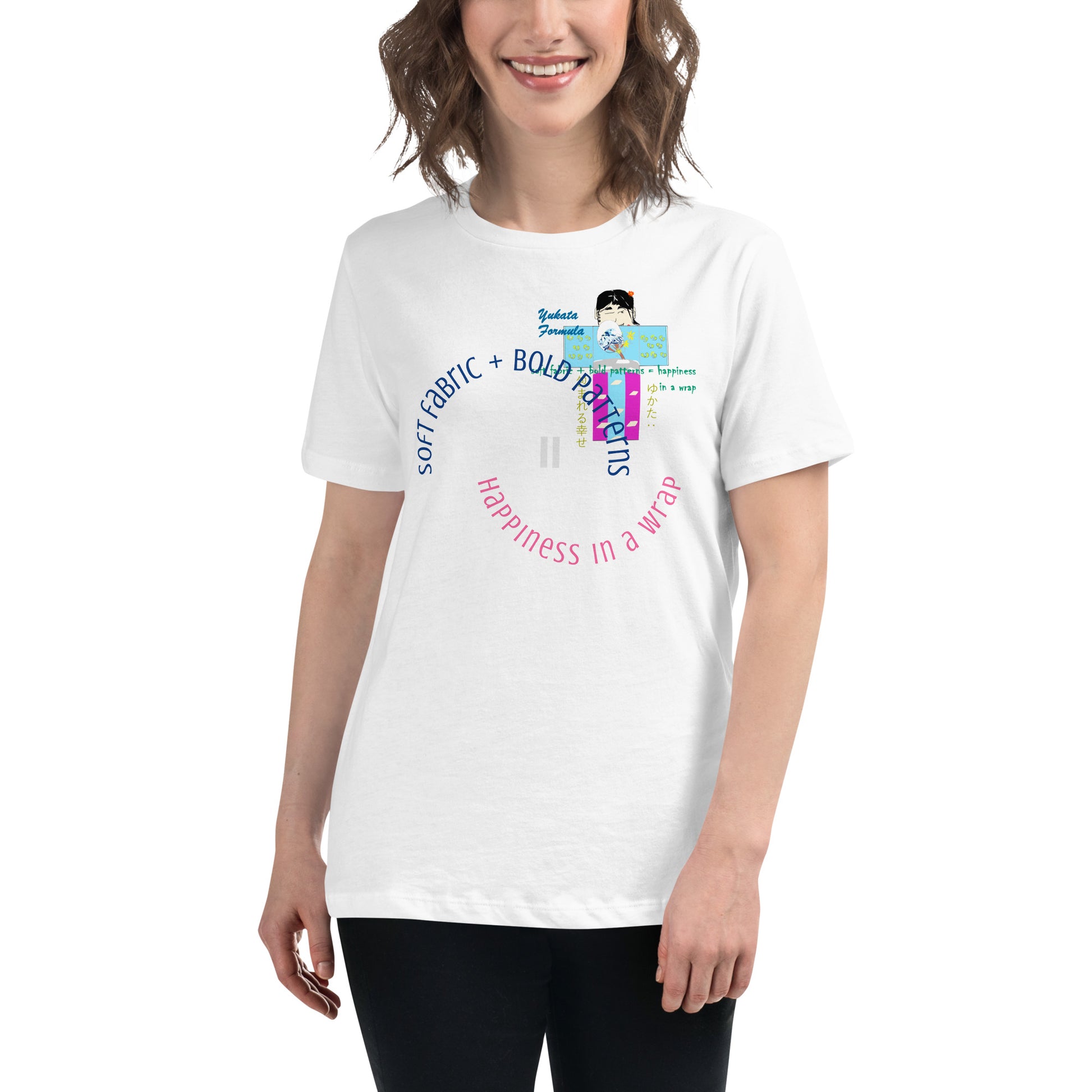 Person wearing a white t-shirt with colorful text and a playful character of yukata graphic design on a white background