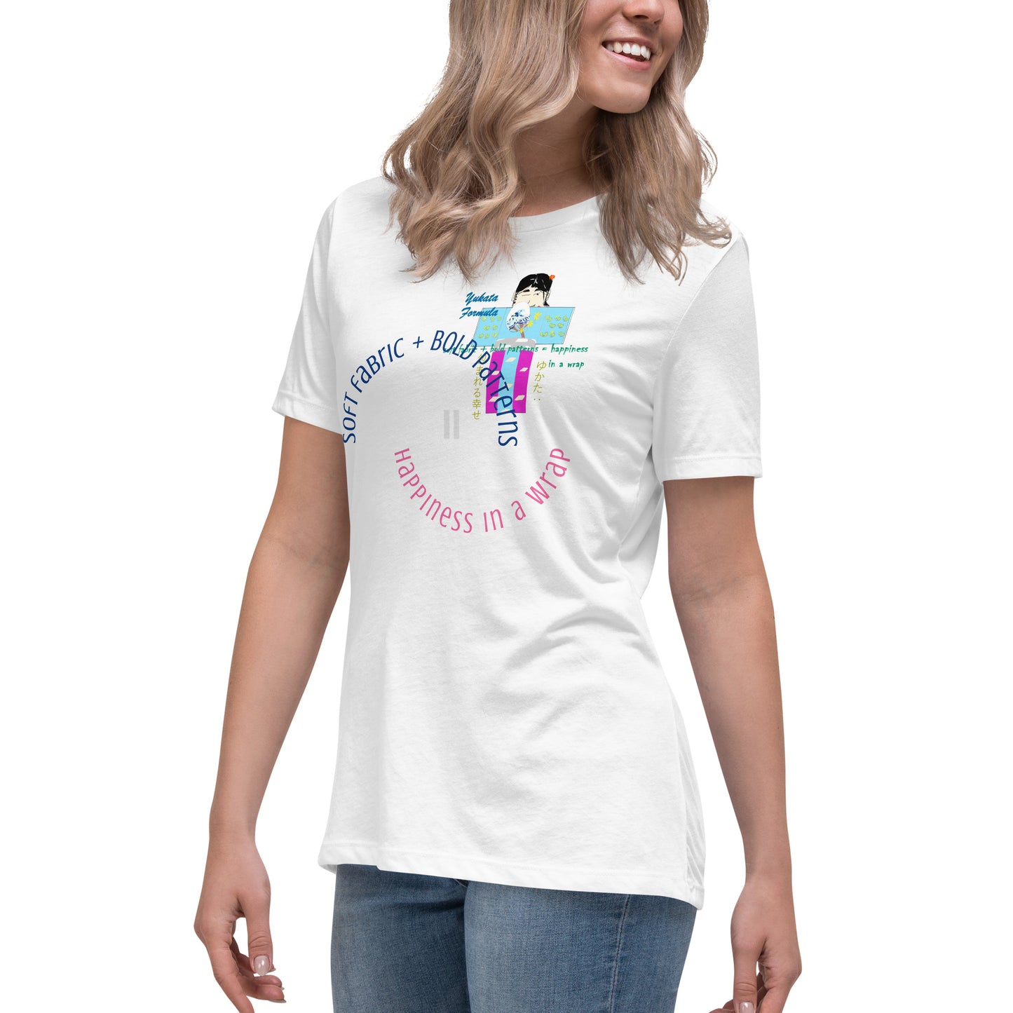 Person wearing a white t-shirt with colorful text and a playful character of yukata graphic design on a white background