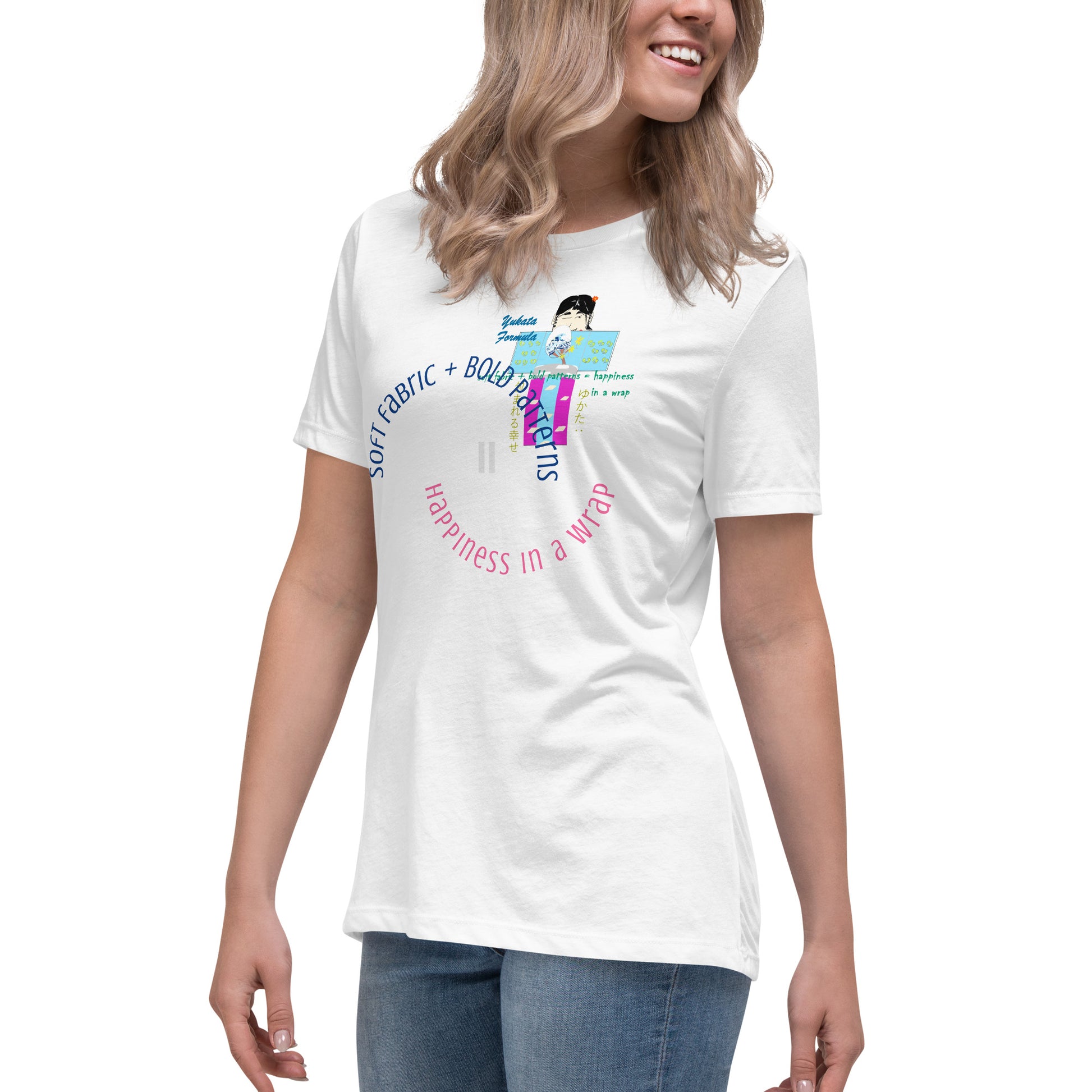 Person wearing a white t-shirt with colorful text and a playful character of yukata graphic design on a white background
